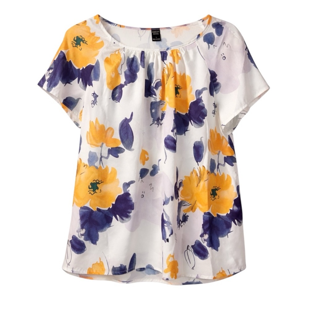 Emery Rose Floral Blouse L Yellow Navy Print  Short Sleeve Top Spring Summer